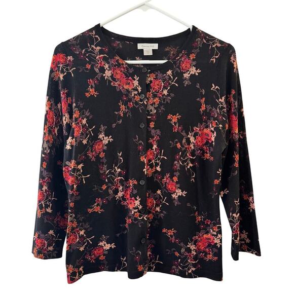 Garnet Hill Floral 100% Merino Wool 3/4 Sleeve Lightweight Cardigan Small - Picture 1 of 6
